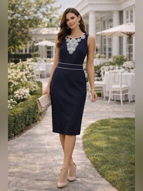 Alex Marie Navy & White Embellished Sheath Dress 💙 Country Club Elegant Midi
